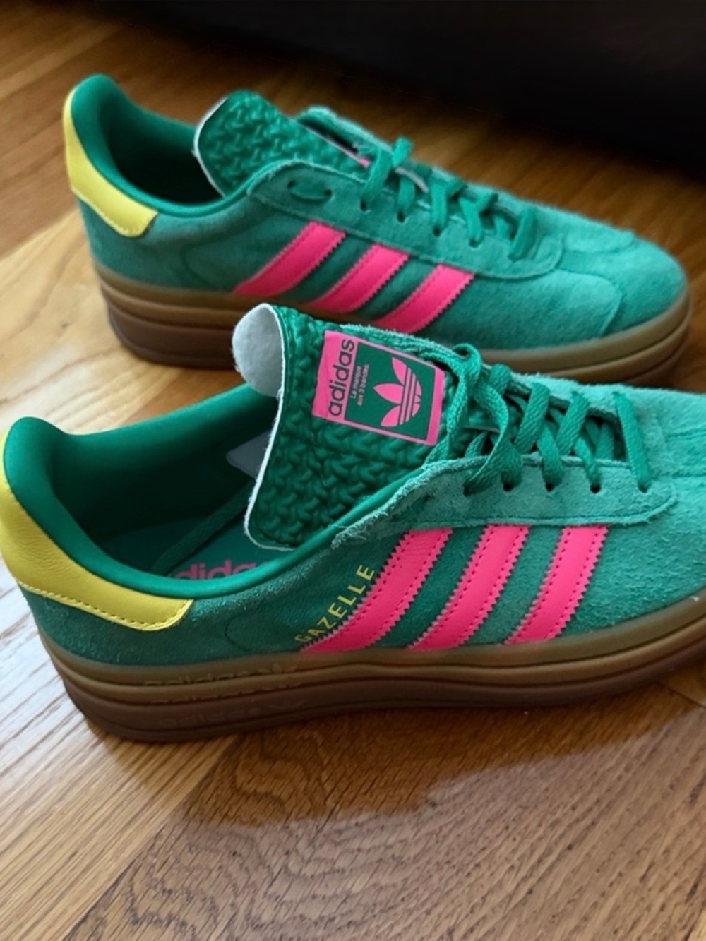 adidas Kids Green Suede Sneakers with Pink Stripes and Yellow Heel Accents